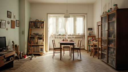 High Resolution: Airy sunlit dining room herringbone wooden floors white walls central table four chairs pendant light sheer curtains download. | HRJPG.com