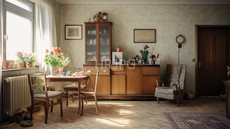 High Resolution: Old-fashioned sunlit kitchen-dining room floral-patterned wallpaper wooden furniture round table flower vase brown cabinet vintage clock download. | HRJPG.com