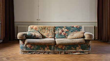 High Resolution: Antique floral-patterned sofa blue pink flowers white walls wooden parquet flooring two beige cushions brown curtains download. | HRJPG.com