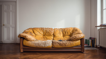 High Resolution: Aged mustard-yellow leather sofa deep creases worn cushions hardwood floor white walls closed door sunlight stacked books download. | HRJPG.com