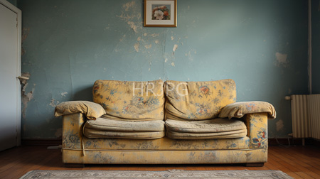 High Resolution: Old floral-patterned yellow couch worn cushions two pillows wooden floor blue-green wall peeling paint framed artwork download. | HRJPG.com