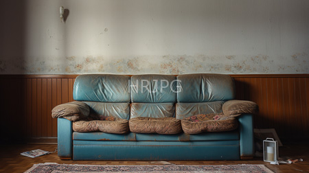 High Resolution: Old worn turquoise leather couch multiple brown floral-patterned pillows faded white wall peeling paint wooden wainscoting download. | HRJPG.com