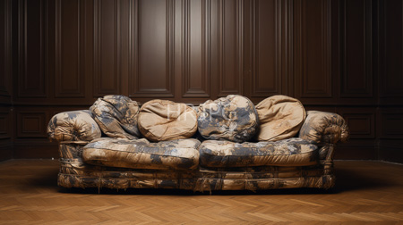 High Resolution: Old heavily worn couch beige blue patterned upholstery disrepair deflated cushions dark wooden paneling parquet flooring download. | HRJPG.com