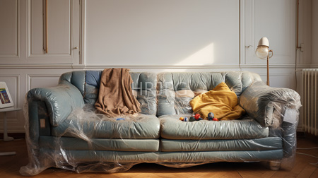 High Resolution: Old light blue leather sofa transparent plastic wrap brown yellow blankets draped colorful toy cars white paneled walls download. | HRJPG.com