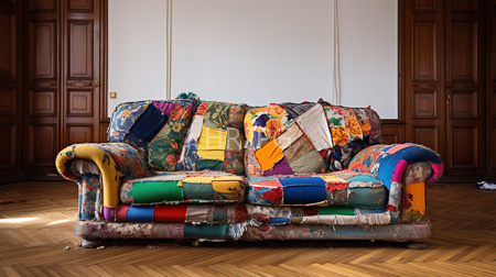 High Resolution: Eclectic colorful patchwork sofa various fabric pieces bright hues wooden-paneled walls parquet flooring spacious room natural light download. | HRJPG.com