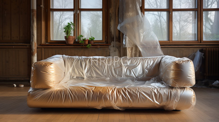 High Resolution: Empty gold-colored sofa translucent plastic sheeting wooden floorboards rustic room large windows bare trees potted plants download. | HRJPG.com