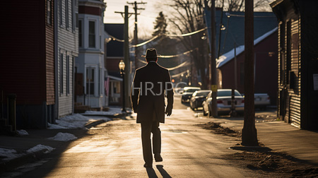 High Resolution: Solitary man dark overcoat fedora walking empty sunlit street sunset buildings snow patches parked cars bare trees download. | HRJPG.com