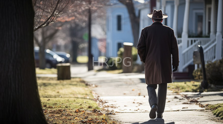 High Resolution: Older man dark brown coat gray pants black shoes walking suburban street autumn wide-brimmed hat sunlit sidewalk download. | HRJPG.com