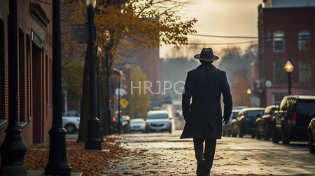 High Resolution: Urban street sunrise silhouette dark overcoat fedora walking away autumn leaves ground parked cars misty sky download. | HRJPG.com