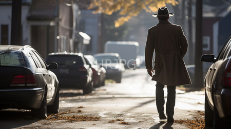 High Resolution: Urban street autumn dark-skinned man tall frame black pants brown trench coat fedora hat cars parked sunlight download. | HRJPG.com