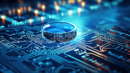 High Resolution: Illuminated blue CPU chip intricate glowing circuit board orange white lines blurred lights bokeh effect dark tones download. | HRJPG.com