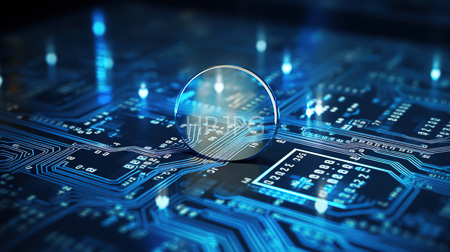 High Resolution: Illuminated blue circuit board electronic pathways small white connectors transparent glass sphere reflecting circuitry blurred glowing points download. | HRJPG.com
