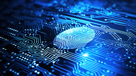 High Resolution: Illuminated blue circuit board electronic pathways glowing white nodes concentric circles central bright node futuristic tech aesthetic download. | HRJPG.com