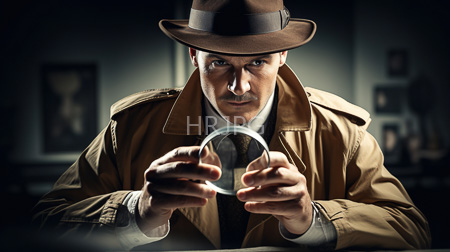 High Resolution: Intense light-skinned man short brown hair tan trench coat dark fedora magnifying glass front of face blurred pictures download. | HRJPG.com