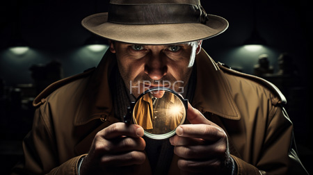 High Resolution: Intense middle-aged white man blue eyes stubble brown trench coat hat magnifying glass revealing reflection another person download. | HRJPG.com