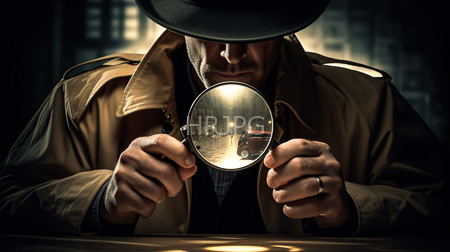 High Resolution: Intense shadowy scene man brown trench coat black hat magnifying glass reflection dim-lit street night focused face ring download. | HRJPG.com