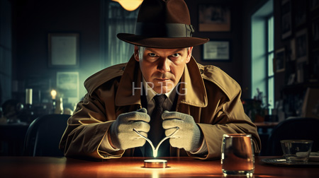 High Resolution: Intense middle-aged white man short brown hair blue eyes tan trench coat black tie gray gloves fedora lighting candle download. | HRJPG.com
