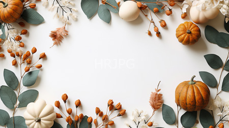 High Resolution: Autumn-themed frame white background small orange beige pumpkins green leaves brown acorns dried flowers cream color oakleaves download. | HRJPG.com