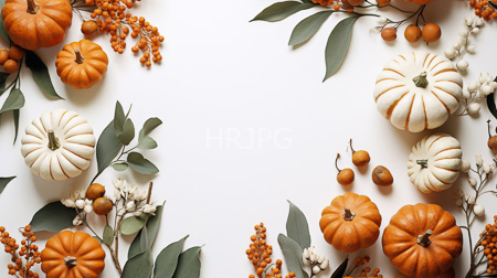 High Resolution: Autumn-themed arrangement white background orange cream-colored pumpkins ribbed textures clusters small round berries eucalyptus leaves download. | HRJPG.com