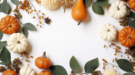 High Resolution: Autumn-themed arrangement white background small orange cream-colored pumpkins scattered green leaves dried berries star-anise large pear-like download. | HRJPG.com