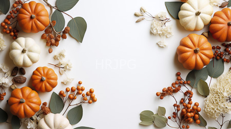 High Resolution: Autumn-themed arrangement white background small orange cream-colored pumpkins scattered brown berries dried leaves eucalyptus branches creamy-white flowers download. | HRJPG.com