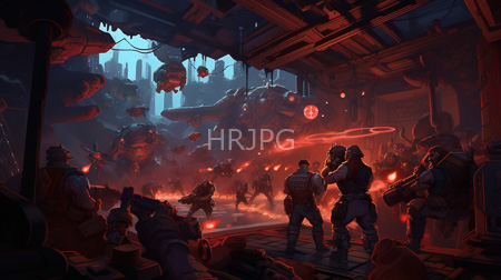 High Resolution: Intense sci-fi battle scene dim industrial hangar red blue lighting armed soldiers glowing alien creatures orange light download. | HRJPG.com
