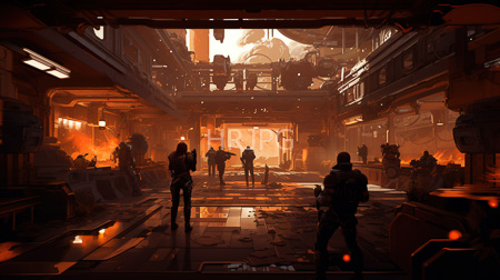 High Resolution: Intense futuristic sci-fi scene damaged spaceship space station orange yellow lighting fires armored figures cluttered room debris download. | HRJPG.com