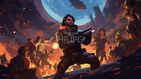 High Resolution: Intense sci-fi battle scene dusk dark-skinned bearded man tactical gear yellow patch holding gun armed characters fiery background download. | HRJPG.com