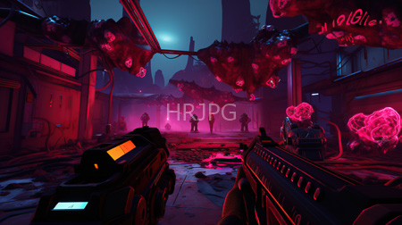 High Resolution: Neon-lit cyberpunk scene abandoned urban alleyway damaged buildings exposed wiring pinkish-red smoke clouds futuristic guns silhouetted figures download. | HRJPG.com