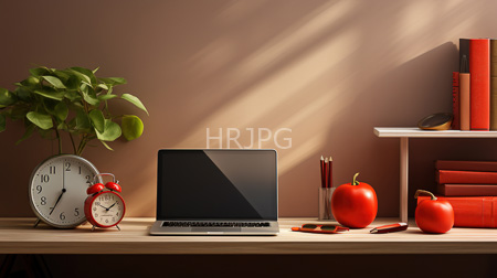 High Resolution: Wooden desk soft sunlight shadows beige walls open silver laptop white clock red alarm bell green leafy plant download. | HRJPG.com