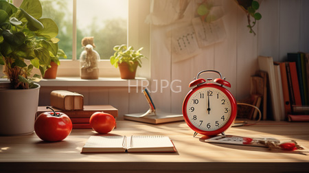 High Resolution: Sunlit wooden desk red alarm clock two apples open book potted plants small statue window background stacked books download. | HRJPG.com