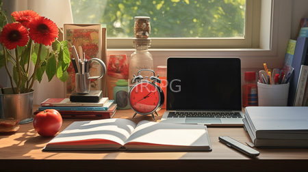High Resolution: Sunlit wooden desk open laptop red alarm clock books notebooks silver pen holder vibrant red daisies metal vase download. | HRJPG.com