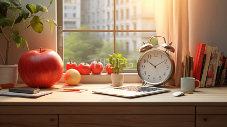 High Resolution: Sunlit wooden desk large red apple three smaller apples window sill silver alarm clock laptop white mug potted plant download. | HRJPG.com