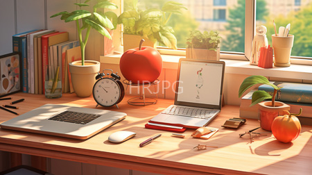 High Resolution: Sunlit wooden desk two laptops red apple stand clock potted plants leafy green plant window stacked books white mouse download. | HRJPG.com