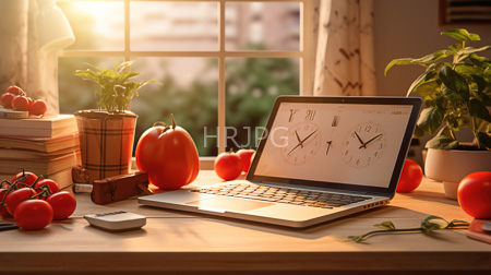 High Resolution: Sunlit kitchen window soft warm light silver laptop wooden table analog clock illustrations ripe red tomatoes potted plants download. | HRJPG.com