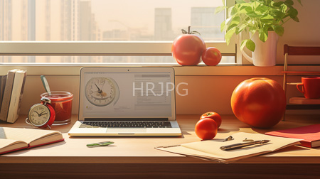 High Resolution: Sunlit wooden desk open laptop clock screen red apples potted plant glass jar vintage alarm clock books notebook download. | HRJPG.com