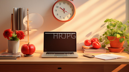 High Resolution: Sunlit wooden desk open laptop two red apples potted plant tomatoes terracotta pot clock above center stacked books download. | HRJPG.com