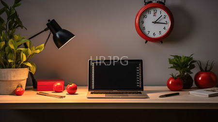 High Resolution: Organized desk white surface black laptop code editor screen three red tomatoes pot small potted plant lampshade pen download. | HRJPG.com