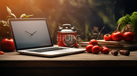 High Resolution: Rustic wooden table silver laptop blank clock vintage red alarm clock stack of books tomatoes basil leaves greenery download. | HRJPG.com