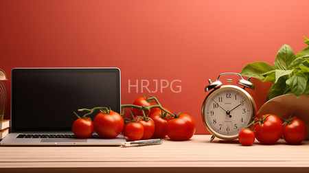 High Resolution: Wooden table red background silver laptop black screen tomatoes various sizes green leaves old-fashioned white alarm clock download. | HRJPG.com