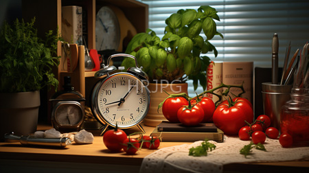 High Resolution: Wooden kitchen counter old-fashioned silver alarm clock green basil plant ceramic pot ripe red tomatoes small potted parsley download. | HRJPG.com