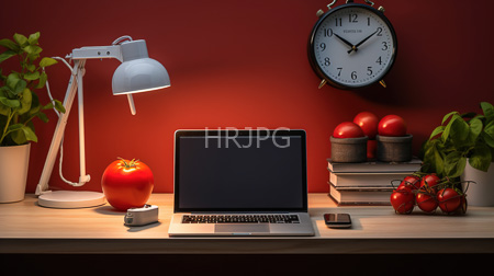 High Resolution: Organized desk red wall silver laptop screen off white adjustable lamp tomato smartphone keyboard tray stacked books download. | HRJPG.com