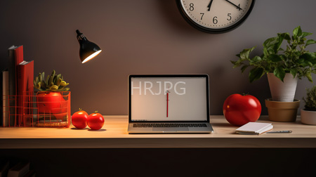 High Resolution: Organized desk wooden surface silver laptop red pencil icon white background two ripe tomatoes unripe tomato black adjustable lamp download. | HRJPG.com