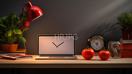 High Resolution: Modern desk setup warm lighting open silver laptop minimalist black V clock icon white background red adjustable lamp download. | HRJPG.com