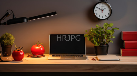 High Resolution: Organized wooden desk gray wall background black adjustable lamp silver laptop blank screen two red tomatoes small green plant download. | HRJPG.com