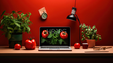 High Resolution: Wooden desk vibrant red wall three ripe tomatoes screen display open laptop tomato plants two small potted ones download. | HRJPG.com