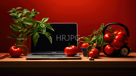 High Resolution: Wooden desk vibrant red background fresh basil glass jars three ripe tomatoes silver laptop two small black headphones download. | HRJPG.com
