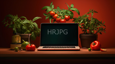 High Resolution: Wooden table orange-red background three potted basil plants two ripe red tomatoes hanging silver laptop screen off download. | HRJPG.com