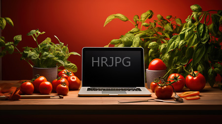 High Resolution: Open silver laptop black screen wooden table red background fresh basil plants ripe tomatoes kitchen tools scissors knife set download. | HRJPG.com