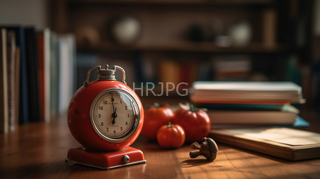 High Resolution: Antique red alarm clock black white dial wooden desk two ripe tomatoes stack of books open notebook bookshelf download. | HRJPG.com